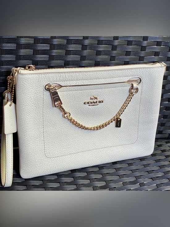Coach Handbags - Coach White Pebbled Leather Chain Wristlet Clutch with Gold Hardware